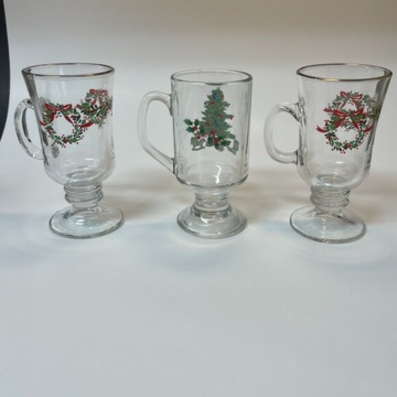 3 Glass Irish Coffee Mugs - 2 Vintage Libbey Holly Wreath & Gold Rim, 1 Vintage - Picture 1 of 8